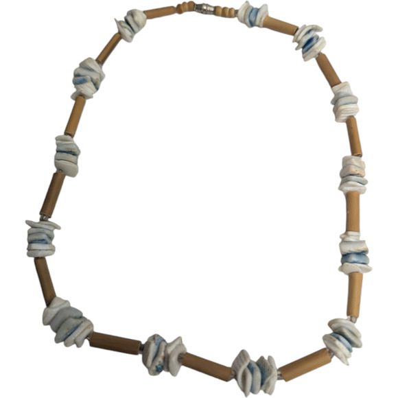 Hawaiian Blue White Pukka Shell and Wood Choker Necklace Vintage Boho Jewelry - Picture 4 of 7